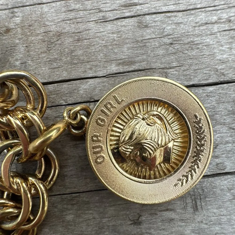 Vtg Monet Gold Tone Bracelet W/ 3 Charms Safety Chain Daughters Child Birthday